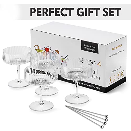 Roxburgh Martini Glasses | Vintage Art Deco Crystal Champagne Coupe Glasses Set Of 4 With 4 Cocktail Picks | 9 Oz Ribbed Classic Cocktail Glassware For Champagne, Wine And Manhattan #TOP5