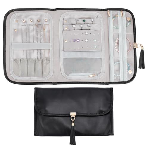 PH PandaHall Estuche organizador de joyas de viaje, plegable, rollo de joyas, de cuero, organizador de anillos, bolsas de almacenamiento, soporte portátil para pulseras para mujeres, regalo de viaje