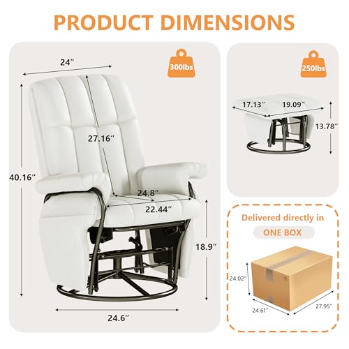 JIASTING 360° Swivel Leather Recliner Chair with Ottoman & Double Side Pockets, Nursing Glider Rocking Recliner Chair, Gliding Chairs for Nursery, Living Room, Office, Bedroom, Metal Frame (White) - Image 3
