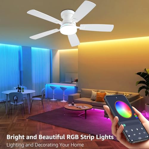 Image of Ayaoty 42 inchFlush Mount Ceiling Fans with Lights,White Low Profile Ceiling Fan with 3CCT Dimmable LED RGB Light, 6 Wind Speeds Adjustable, Indoor Modern Fan Light for Kid's Room, Bedroom, White