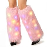 Bonuci Pink Faux Fur Fuzzy Leg Warmers with LED Light Halloween Rave Furry Costume Fluffy Boot Covers Christmas Women Cosplay