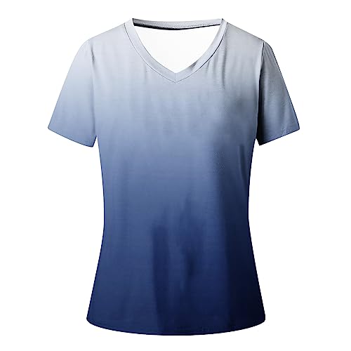 Gradient Tops Women V Neck Short Sleeve Tshirts Summer Casual Loose Fit Dressy Tshirts Tops Blue #TOP2