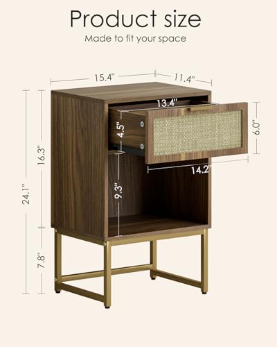 Image of Masupu Rattan Nightstand,Modern Night Stand Boho Farmhouse Wood Bedside Table with Storage Drawer Side End Table for Bedroom, Office,Walnut Brown
