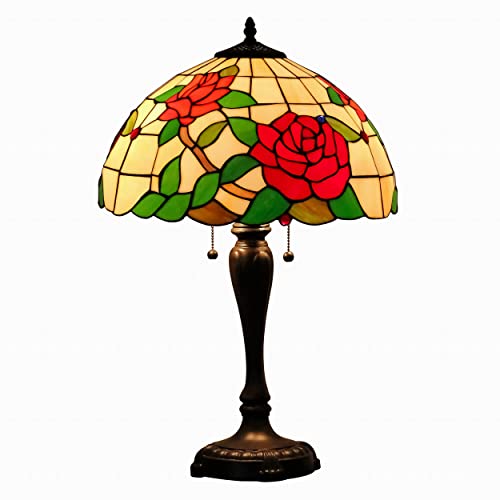 Mural Times Lighting Tiffany Table Lamp W16H25 Inch Elegant Red Rose Floral Stained Glass Light Shade Antique Bedside Table Reading Light for Living Room Art Crafts Gifts