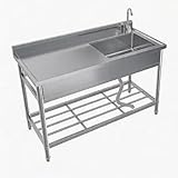 Freistehend Edelstahl Waschbecken Mit Arbeitsfläche Einzelbecken Küchenspüle Und Kalt-Warm-Wasserhahn 120x50x94 cm Utility Waschbecken Für Outdoor Und Garage