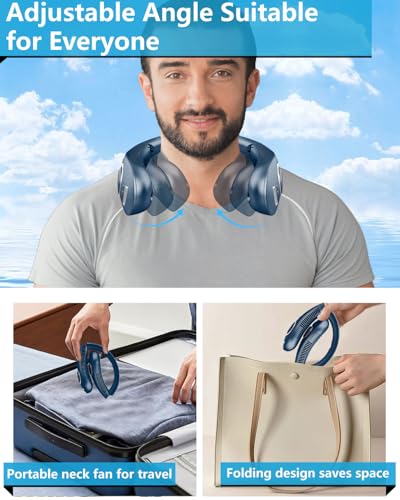 Image of Personal Neck Fans Mister with Water Spray, 4000mAh 4-9H Lasting, Mini Foldable Leafless AC for Neck Face Shoulder, LED Cordless Hanging Wearable Headphone Fan for Kid Adult Worker Hot Weather, Blue