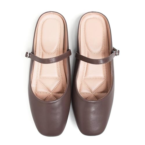 Image of TN TANGNEST Leather Flats for Women Retro Mary Jane Flats | Comfortable Square Toe Slip On Flats with Buckle Strap, Soft Work Flats Office Shoes