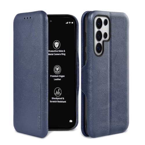 Image of PULOKA Premium Vegan Leather Phone Cover with Card Slot - Compatible with Samsung Galaxy S25 Ultra - Sleek Flip Case, Slim, Durable, Privacy Protection, Kickstand Function (Blue)