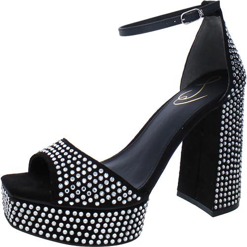 Sam Edelman Nellie Black Glitz Block Heel Ankle Strap Open Toe Heeled Sandals