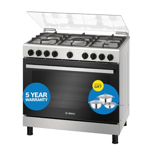 Bosch Freestanding Gas Range Cooker HGV1E8Y50M 5 Burners 125L Oven Rotisserie Stainless Steel 5 Year Manufacturer Warranty German Engineering + Free Cooking Set