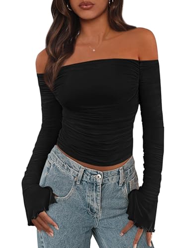PRETTYGARDEN Fall Tops for Women 2025 Trendy Long Sleeve Crop Mesh Slim Fit Y2K Cute Shirts Going Out Off The Shoulder Top (Black,Medium)