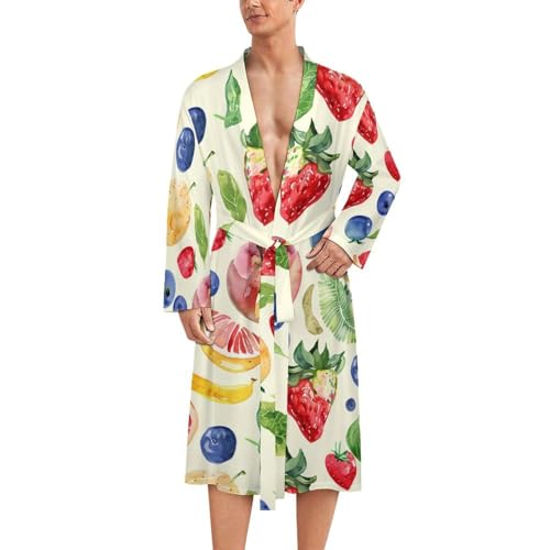 Bata de baño ligera hasta la rodilla con diseño de frutas de acuarela para hombre, bata de baño, cuello de chal, talla L