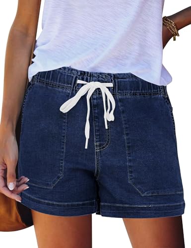 FEKOAFE Women Beach Shorts 2026 Comfy Jeans with Pocketed Fashion High Waist Drawstring Elastic Shorts Dark Blue Large