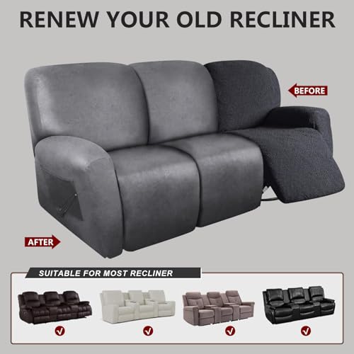 Image of molasofa Recliner Sofa Covers - 8 Pieces Stretch Leather Like Large Couch Covers for 3 Seats Reclining Slipcovers Soft Jacquard Pattern Furniture Protector with Elastic Bottom (Grey)