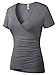 Beauhuty Womens T-Shirts Short Sleeve Deep V Neck Slim Fitted Front Surplice Wrap Tees Ruched Top (XL, Short-Heather Grey)