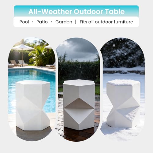 Image of COSIEST MgO Concrete Side Table, 18 Inch Hexagonal Geometric Outdoor End Accent Table, All-Weather Patio Garden Stool, Modern Plant Stand & Coffee Table for Balcony Backyard, White, 1 Pack