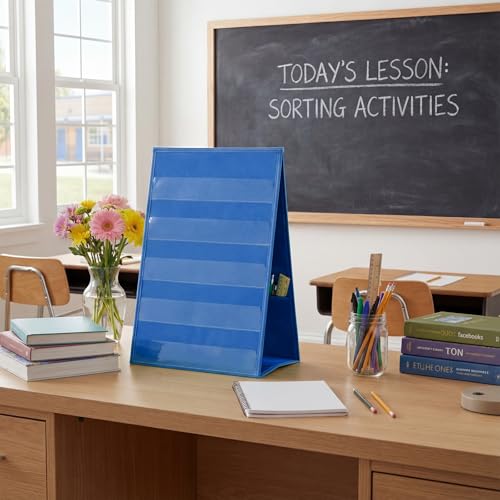 Lerheedi Tabletop Pocket Chart 13 x 17 Inch 600d Oxford Fabric Double Sided Pocket Chart Stand with 5 Straps Foldable Organizer Sticker Display Stand for Classroom, Home, Office (Gray Blue) - Image 6