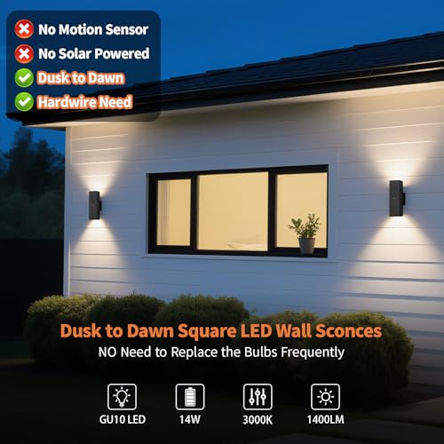 Image of Dusk to Dawn Exterior Porch Lights, LED Up Down Outdoor Sconce Light 6-Pack | Bulb Incl., 3000K Square Black Exterior Lighting Fixtures with Sensor, IP65 Waterproof Outside Porch Lights for House Garage