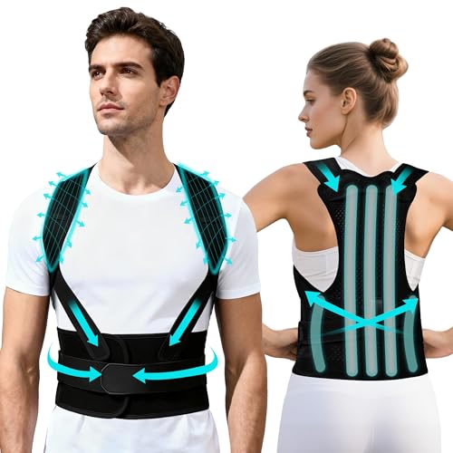 MAYMOCON Large Posture Corrector Back Brace for Men and Women - Back Straightener with Adjustable Shoulder & Lumbar Straps, Breathable Back Support with 3 Detachable Support Bars（XL）