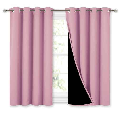 Image of NICETOWN 100% Blackout Curtains with Black Liners, Thermal Insulated Full Blackout 2-Layer Lined Curtains, Energy Efficiency Window Draperies for Dining Room (Crystal Pink, 2 Panels, 52 inch W by 45 inch L)