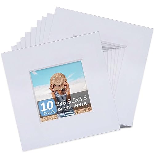 Somime 10 Pack Pre-Cut 8x8 White Picture Mats for 4x4 Photos - White Core Bevel Cut Frame Matte, Acid Free, Ideal for Frames/Artwork/Prints