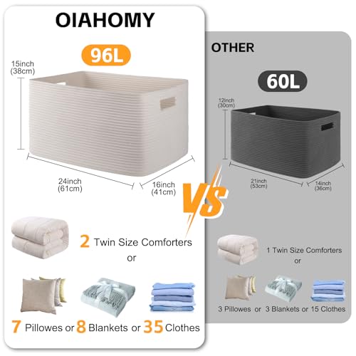 Image of OIAHOMY XXLarge Rectangle Blanket Basket-96L, Cotton Woven Basket for Storage, Dirty Clothes Basket for Living Room, Nursery, Bedroom, Toy Organizing with Handle, 24 inch x 16 inch x 15 inch, White