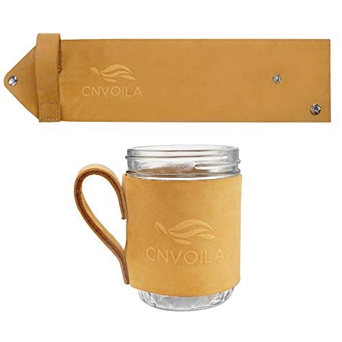 Mason Jar Sleeve, Wide Mouth Mason Jar Full Grain Leather Holder, Glass Mason Handle Holder Grip Mug Cozy for Wide Mouth Mason Jar 16oz with Handle