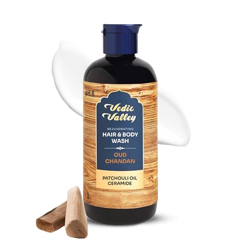 Image of VEDIC VALLEY Oud Chandan Hair & Body Wash with Ceramide and Patchouli Oil | Paraben Free Body Wash for Men & Women Helps Reduce Hair Fall & Supports Healthy Growth | Brightens Skin, Nourishes & Moisturizes Formula | 300 ml