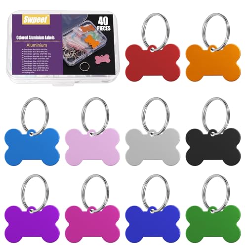 Swpeet 40Pcs 10 Colors 1.4 x 1.2 Round Aluminum Blank Tags with Key Ring Assortment Kit Engraving Stamping Blank Tags Pet ID Tag for Pendant Decoration DIY Keychains and Pets Tag Project