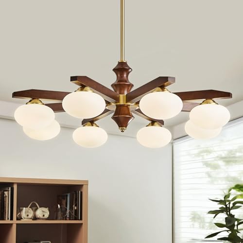 Image of 8-Light Chandelier, Mid Century Gold Chandelier with Milk Glass Shades, Wood Dining Room Light Fixture
