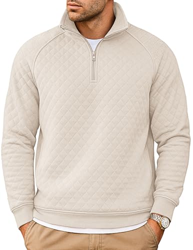 COOFANDY 1/4 Zip Pullover Mens Fashion Quilted Sweatshirt Waffle Knit Long Sleeve Polo Sweaters Solid Collared Sweatshirts 2025 Winter Clothes White