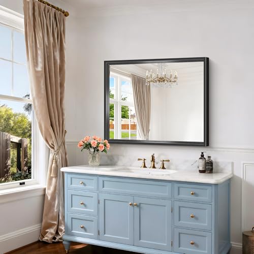 Image of Bathroom Mirror, 36 x 30 inch Brushed Black Rectangle Mirror, 0.6 inch Thickened Deep Metal Frame Rectangular Vanity Mirror for Over Sinks, Tempered Glass, Antirust, Horizontally or Vertically