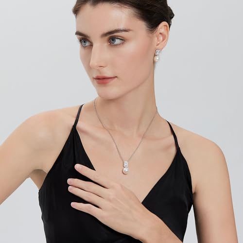 12MM White Artificial Pearl Earrings for Women Sterling Silver Halo Stud Earrings Created Emerald May Birthstone Dangle Earrings4