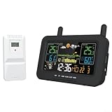 Stazione meteo con sensore esterno, termometro digitale, igrometro, barometro, grande display LCD a colori, allarme pioggia, gelo, umidità per casa, giardino, ufficio (nero)