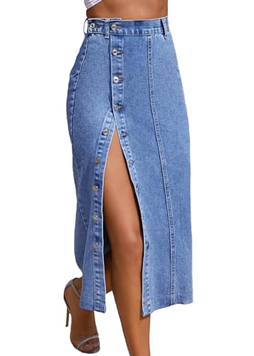 Lista de Faldas que puedes comprar esta semana. 42 Nihsatin - Falda midi de mezclilla con botones frontales divididos para mujer, cintura alta, ajuste ajustado, Azul, Large