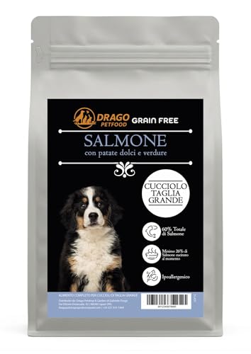 DRAGO PETFOOD Crocchette Cucciolo Taglia Grande - Salmone, Patate Dolci e Verdure - Grain Free, Ipoallergenico, 60% Salmone - Sacco 2kg