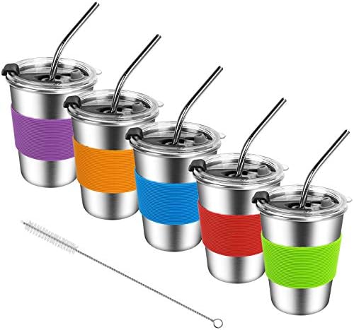 Kids Stainless Steel Cups, Kids Metal Drinking Glasses with Lids, Stainless Steel Straws and Sleeves, 12oz Reusable Water Tumbler for Children and Adults, Apply to Indoor and Outdoor (5 Pack 12 oz)
