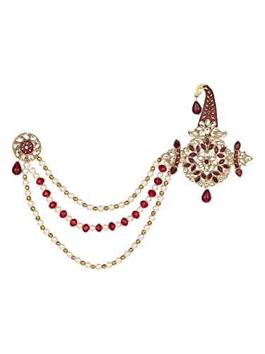 I Jewels Gold-Toned Maroon & White Kundan Studded & Beaded Maharaja Pagdi Kalangi for Men (SM61M)