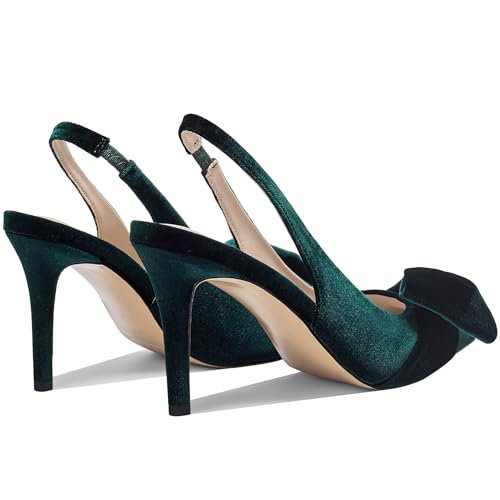 Image of Women's Slingback Heels with Bow Pointed Toe Pumps with Elasticated Strap 3.3 inch High Heels for Evening Dress Shoes