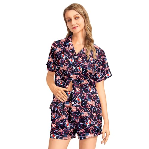 Image of Funny Pajamas for Women Set Print Satin Loungewear Pjs Short Sleeve Button Down Top and Shorts Sets Sleepwear XS-3XL
