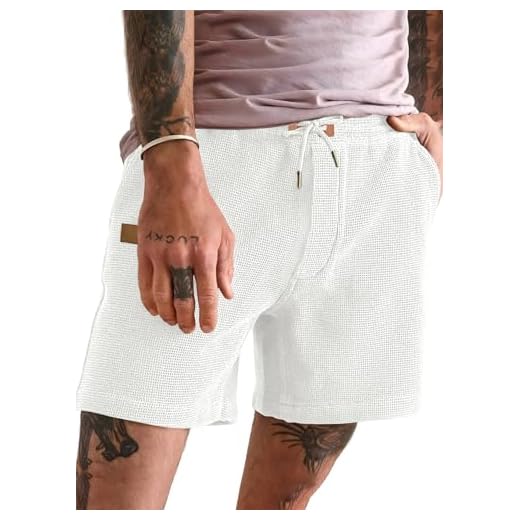 JMIERR Mens 5 Inch Shorts Summer Casual Waffle Stretch Waist Drawstring Shorts Lightweight Basketball Running Sweatshorts, L, White
