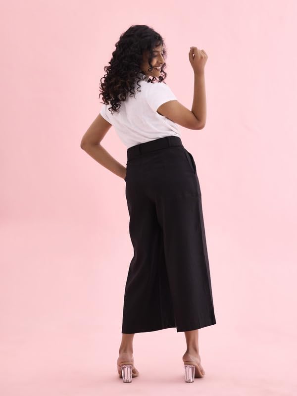 Image of GO COLORS Solid Linen Culottes for Women | High Rise, Side Pockets, Front tie-up