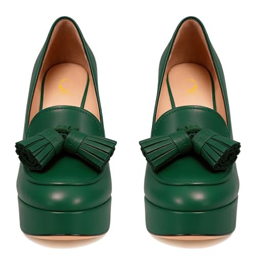 Image of SHODENSE Women Vintage Chunky Platform Loafers Pumps Tassel Round Closed Toe Slip On Suede Block High Heel Dress Loafer Shoes Buckle Strap Oxford Loafers Fringe Pump Dressy Chic Sexy Y2k 4-11 M US