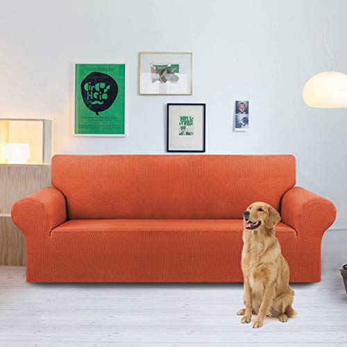 KEKUOU Stretch Oversized Sofa Slipcover 1 Piece Couch Sofa Cover (94"-110") Furniture Protector 4 Seater Sofa with Elastic Bottom for Kids,Pet.Jacquard Checked Pattern Fabric(X Large,Pureed Pumpkin)