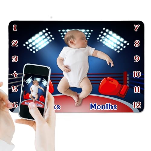 Image of Boxing Theme Baby Monthly Milestone Blanket, 60x40in Soft Flannel, Arena Lights Backgrounds, Newborn Mom Gifts, Boy Baby Shower Age Growth Tracker with Bonus Maker