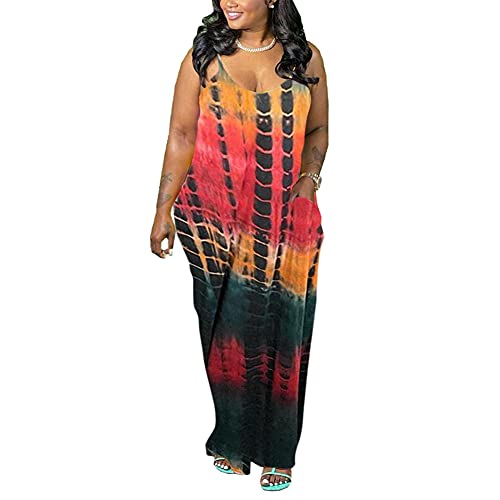 Image of BFFBABY Womens Summer Suspender Maxi Dress Plus Size Striped Printed Sleeveless with Pockets and Belt