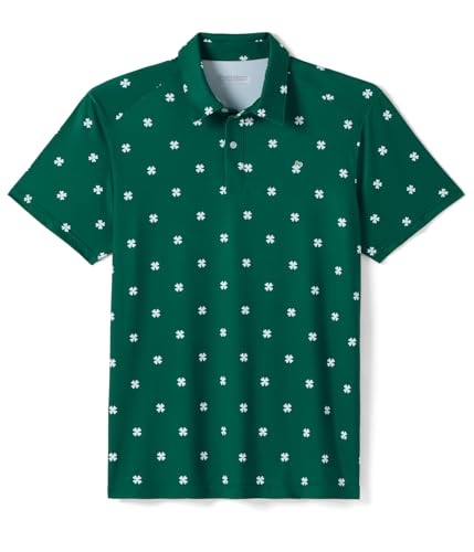 Tipsy Elves Men's Performance Golf Polo Shirt - Green Paddy Party | Size Large, 4-Way Stretch, Ultra Soft Feel, Moisture Wicking, Wrinkle Resistant, Athletic Fit