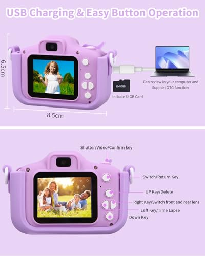 Kinderkamera,Kinder Kamera 1080P Bildschirm Kamera Kinder mit 64GB-Karte Selfie Digitalkamera Kinder Fotoapparat Kinder für 3-12 Jungen Mädchen Geburtstagsgeschenk Weihnachten Spielzeug