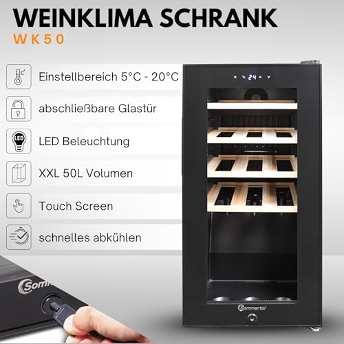 Bild 1 - Weinkühlschrank mit Glastür WK50 – 15 Flaschen, 5–20C° einstellbar, abschließbar, LED-Beleuchtung, Glastür, Touchscreen, 4 Holz-Einlegeböden, leise & energiesparend, UV-Schutz Verglasung