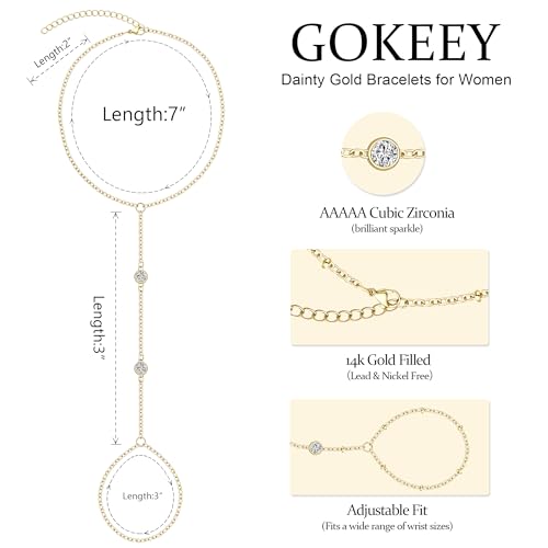 image for Gokeey Dainty Gold Ring Hand Chain Cubic Zirconia Bracelet Trendy 14K 